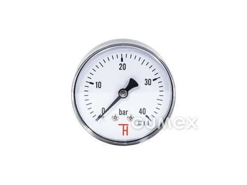 Manometer štandardný so zadným vývodom, priemer 63mm, vonkajší závit G 1/4", 0-40bar, trieda presnosti 1,6%, priezor akryl, púzdro oceľ, -40°C/+60°C